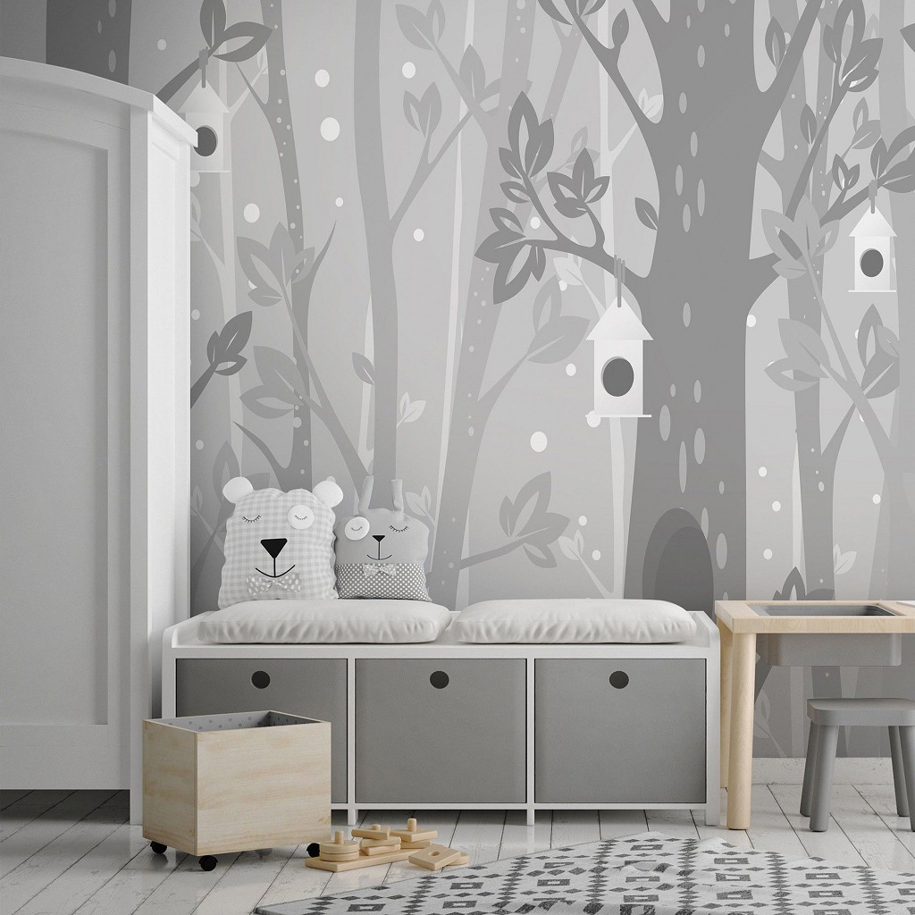 Флизелиновые фото обои для детей 254 x 184 см Серые деревья и домики для птичек (13738V4)+клей
