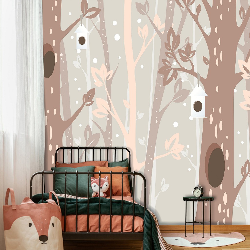 Флизелиновые фотообои природа Детские - Коричневые деревья и домики для птичек (13739V)+клей