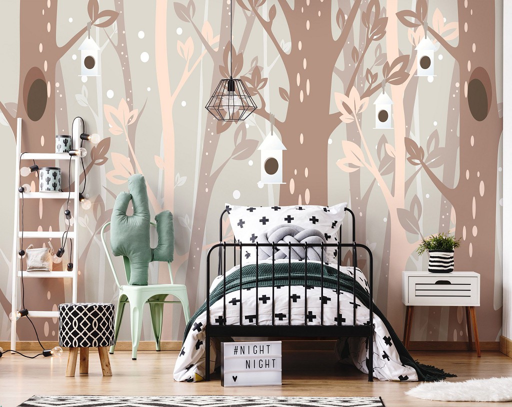 Флизелиновые фотообои для девочке в комнату 460x300 см Детские коричневые деревья и домики для птичек 13739V12+клей