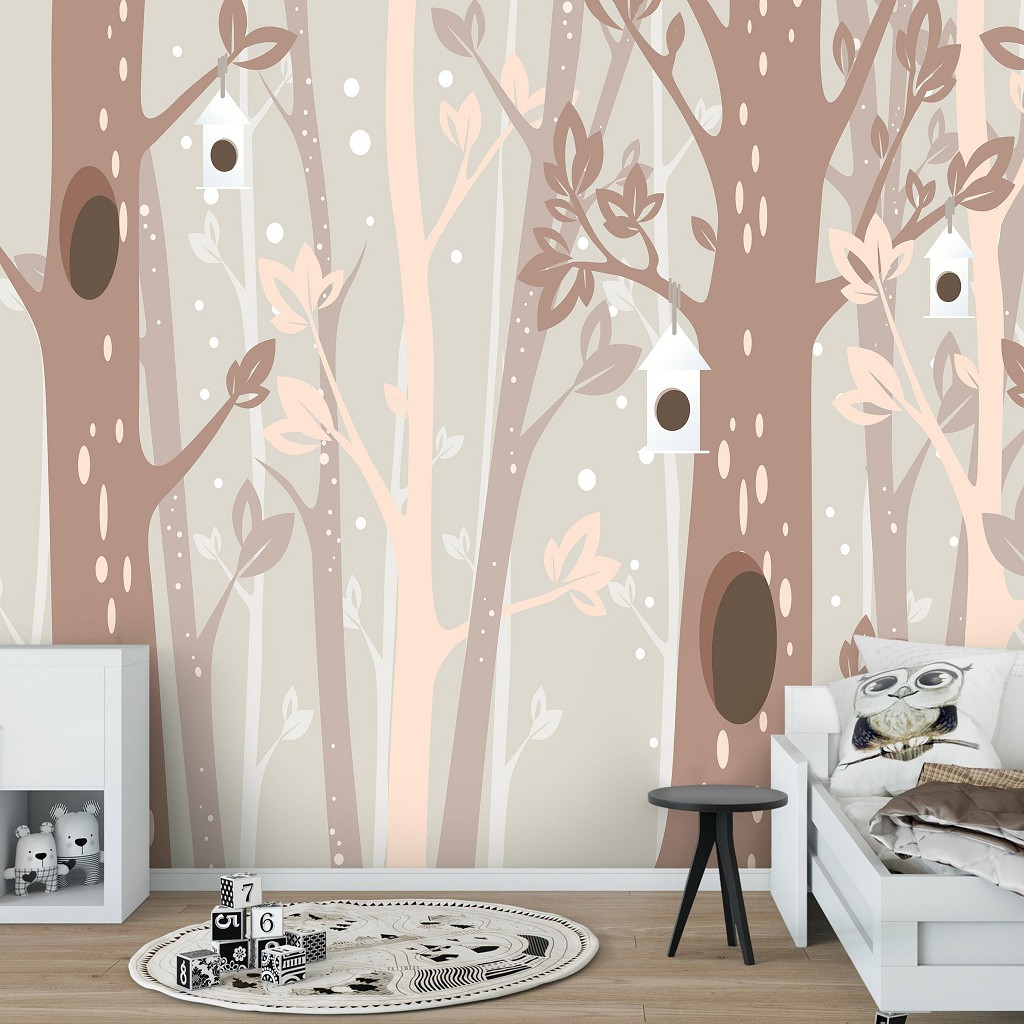Флизелиновые фотообои для мальчика 368 x 254 см Детские - Коричневые деревья и домики для птичек (13739V8)+клей