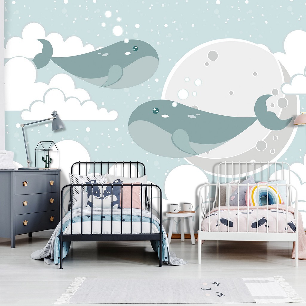 Флізелінові фотошпалери 312x219 см Дитячі - Сині кити у хмарах (13740VEXXL)+клей