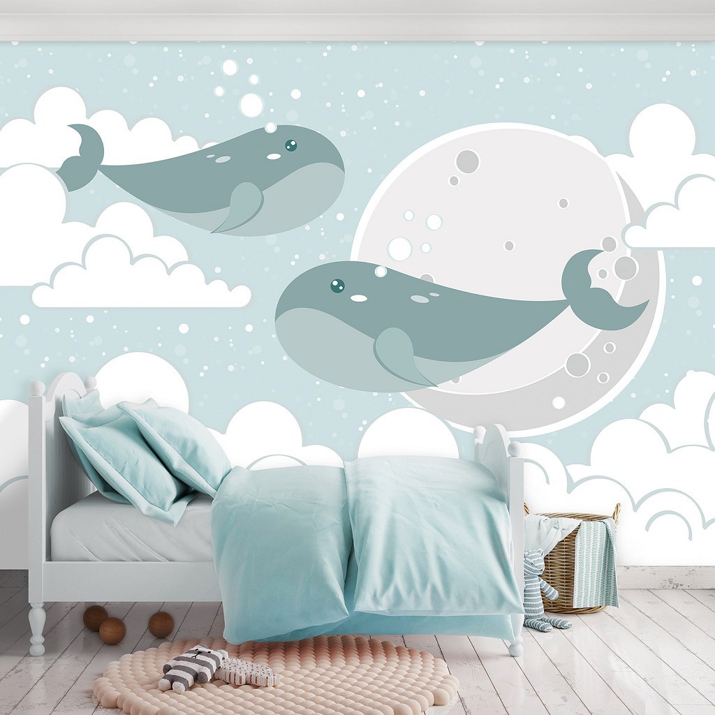 Флизелиновые фотообои 520 x 318 см Детские - Голубые киты в облаках (13740VEXXXXXL)+клей