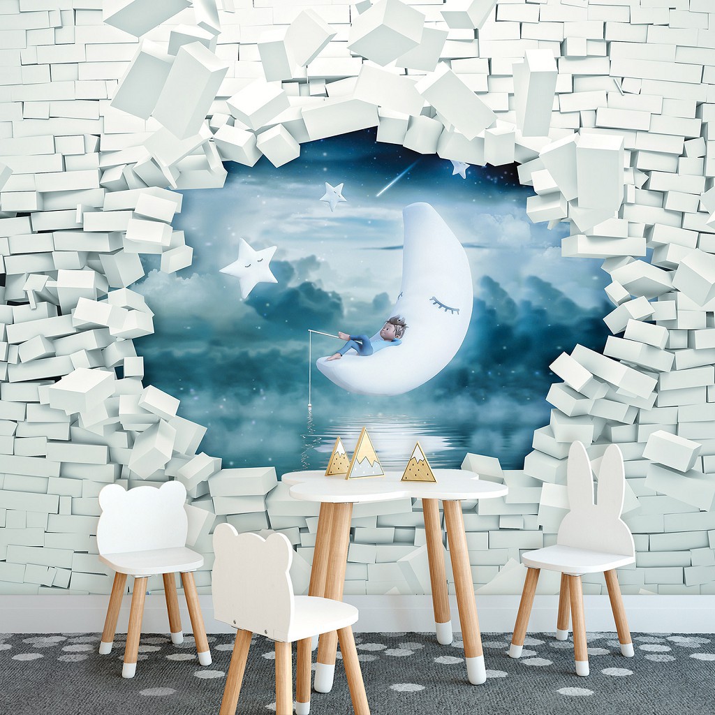 Світлі флізелінові фотошпалери 416x254 см Дитячі - 3D Цегляна стіна та хлопчик на місяці (13743VEXXXL)+клей