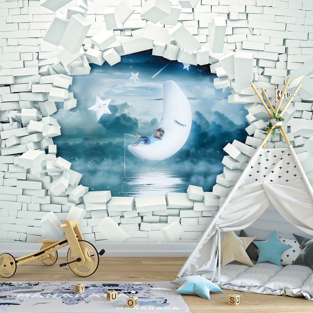 Флізелінові 3D фото шпалери 254x184 см Дитячі - Цегляна стіна та хлопчик на місяці (13743V4)+клей