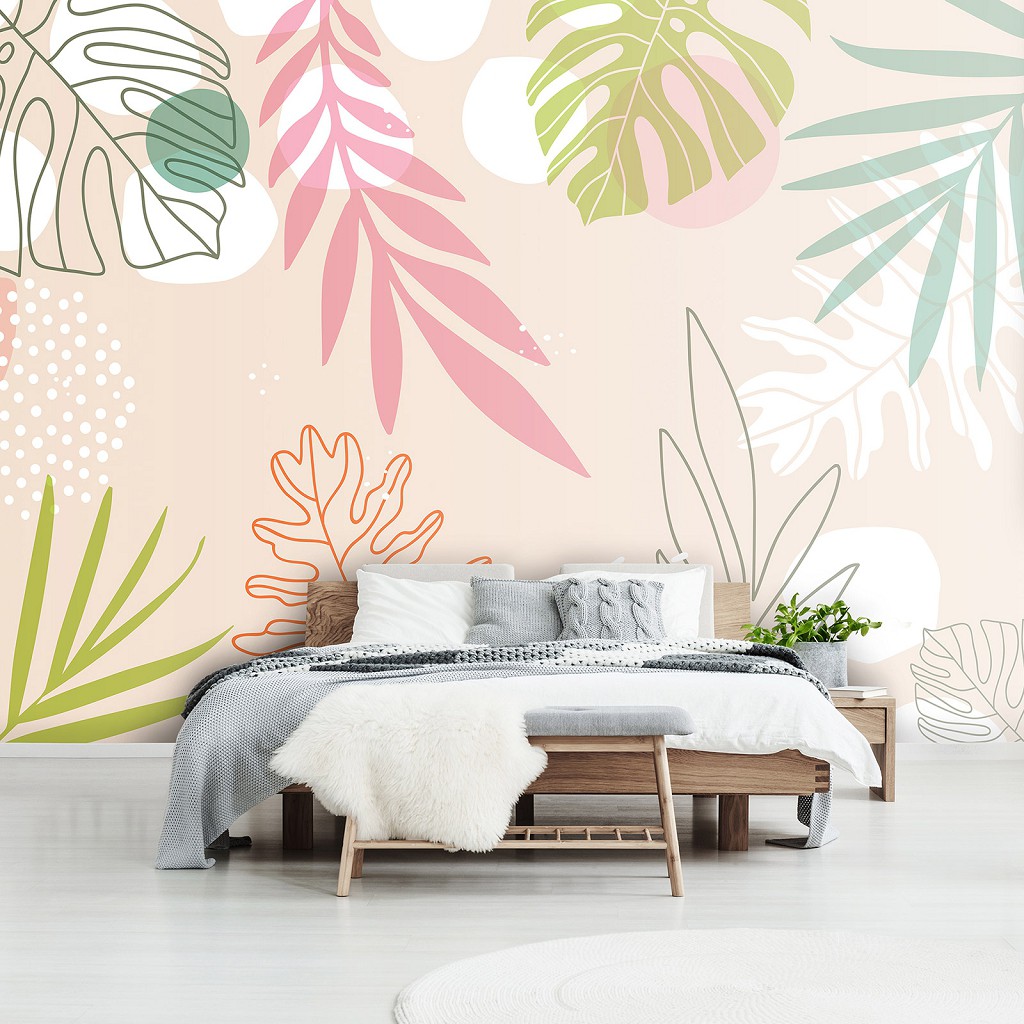 Флізелінові фото шпалери з листя на стіну 254x184 см Пастельний колір (13755V4)+клей