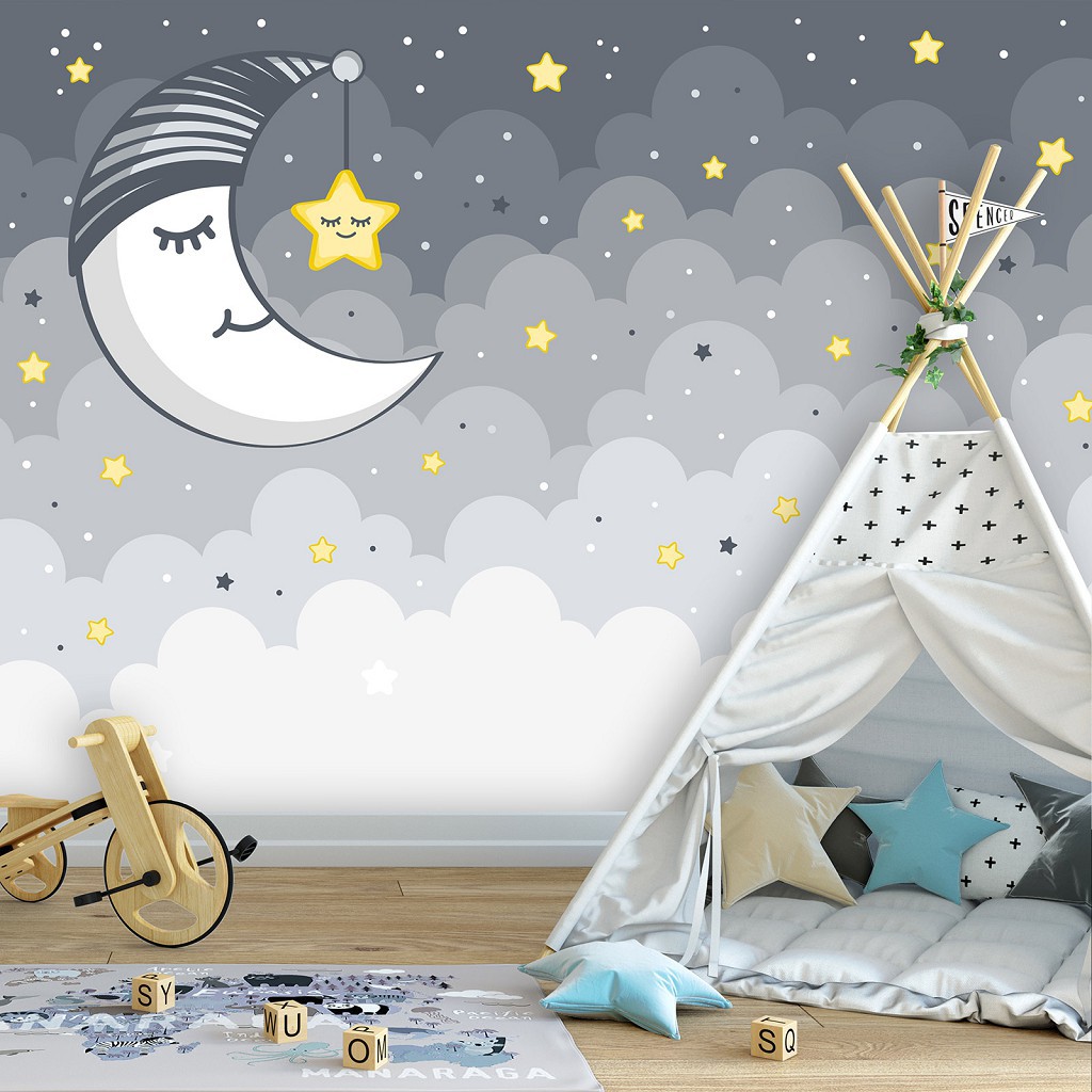 Флизелиновые фотообои в рулоне ночь 416 x 290 см Детские - Спящая луна и звездочка (13759VEXXXXL)+клей