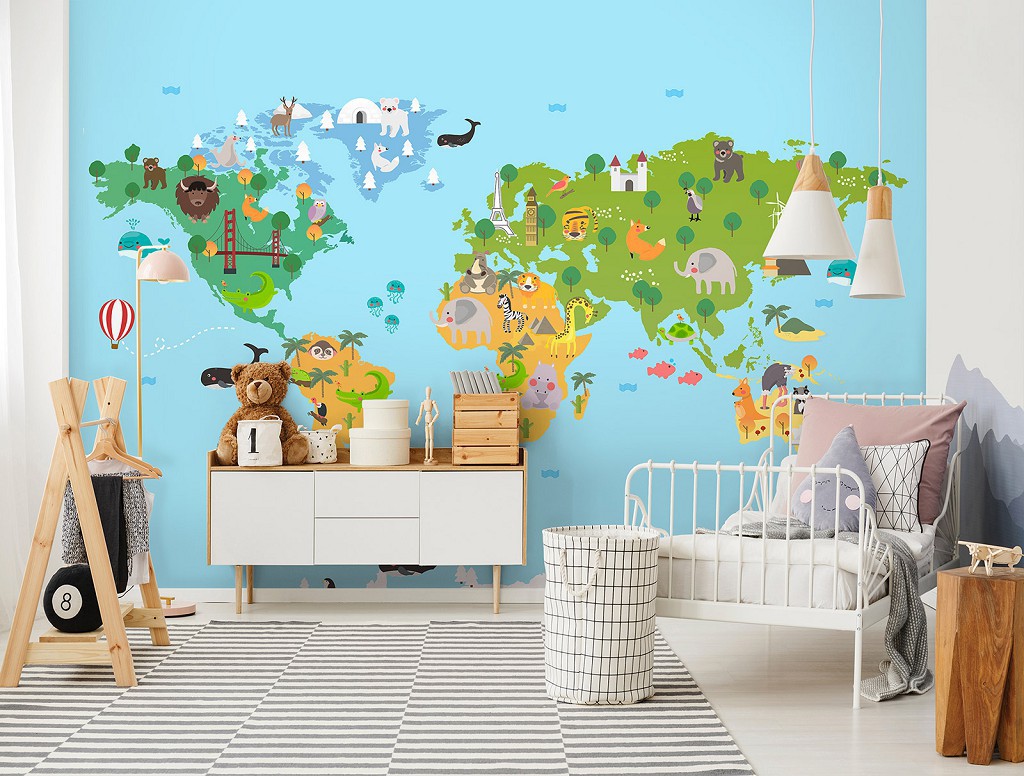 Флізелінові фотошпалери в дитячій 416x254 см Карта світу зі звірятами (13760VEXXXL)+клей
