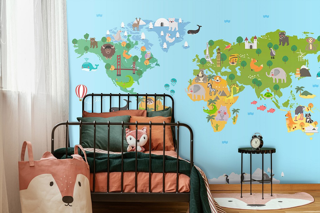 Флизелиновые фотообои 520 x 318 см Детские - Карта мира с зверятами (13760VEXXXXXL)+клей
