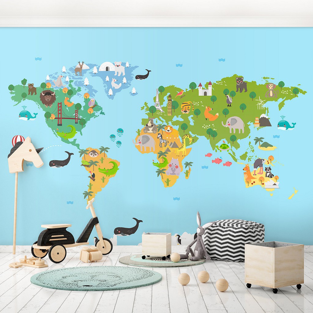 Флізелінові фотошпалери 368x254 см Дитячі - Карта світу зі звірятами (13760V8)+клей