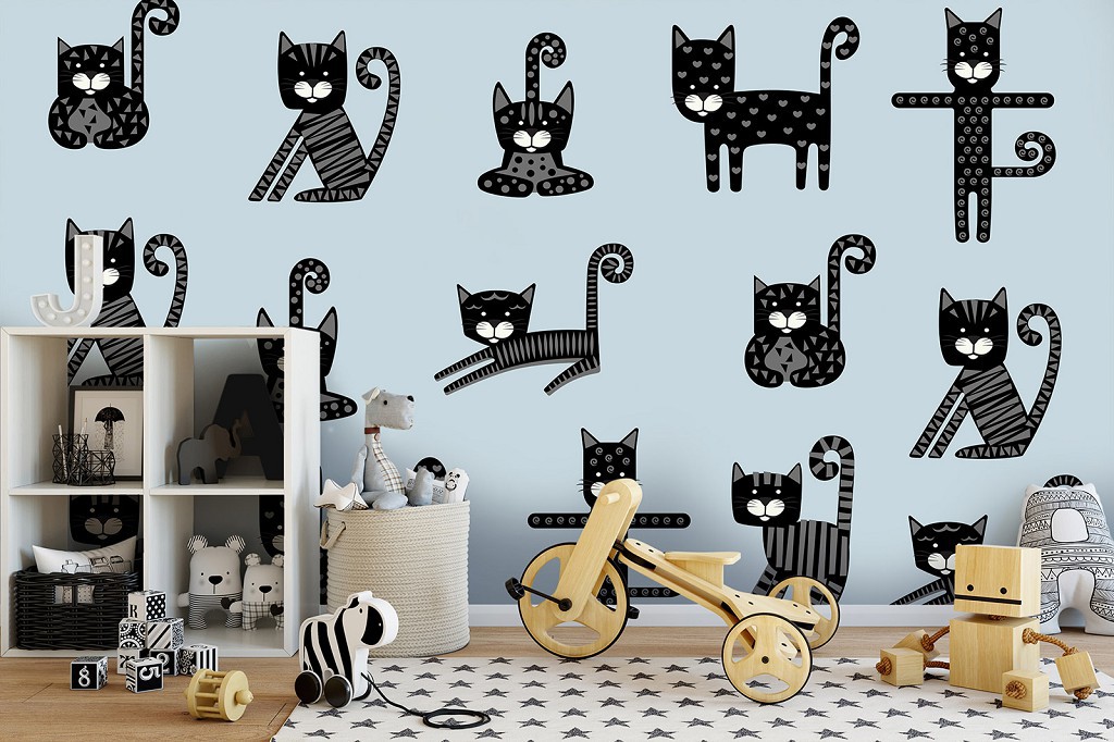 Фото тварин флізелінові фотошпалери Дитячі - Чорні котики стрибають (13773V)+клей