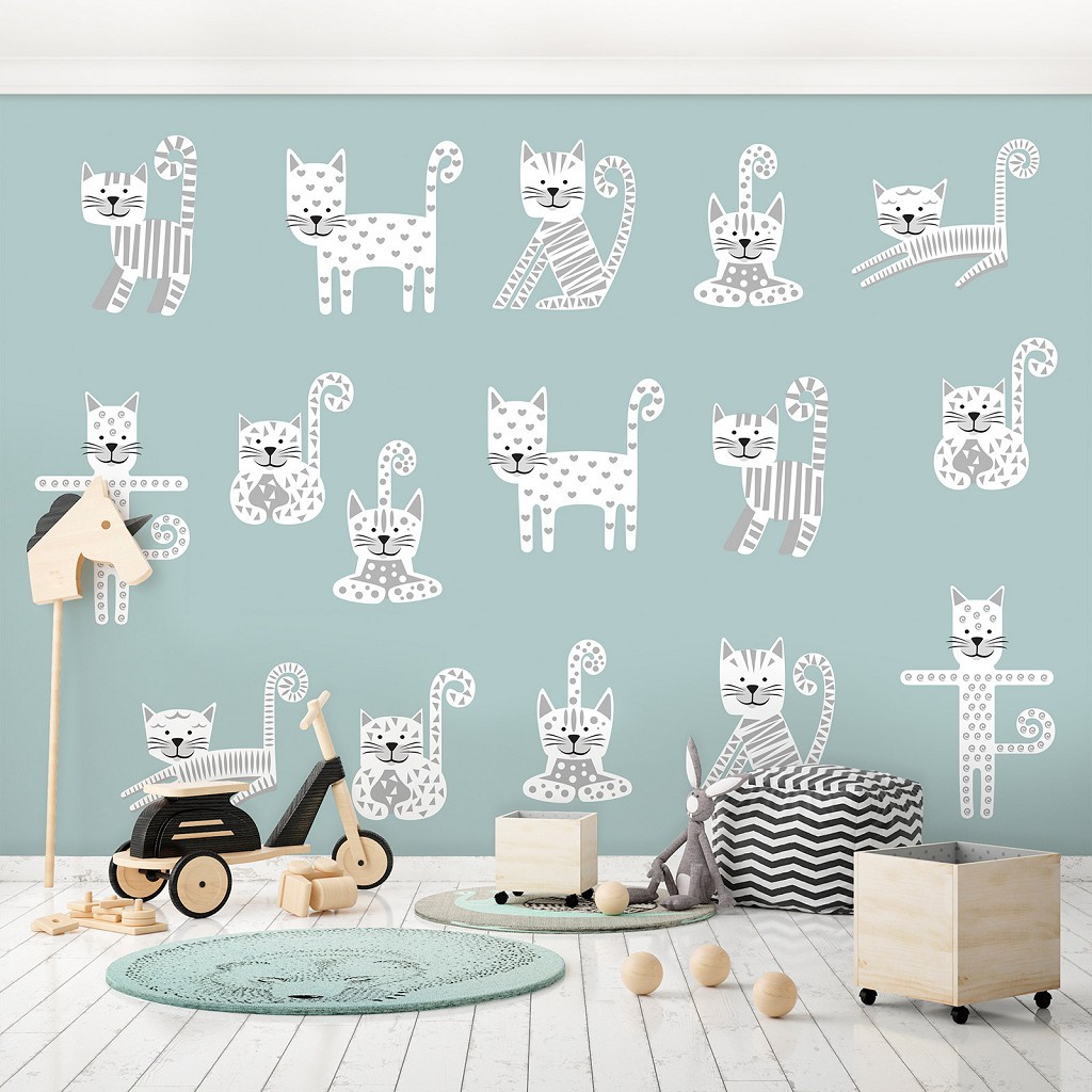 Флизелиновые фотообои 368 x 254 см Детские - Белые котики прыгают (13774V8)+клей