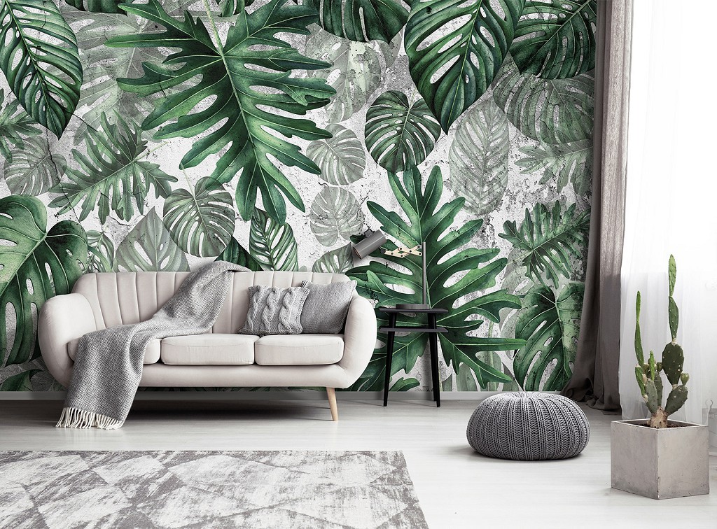 Флизелиновые фотообои бетонная стена 312 x 219 см Цветы - Зеленые тропические листья (13781VEXXL)+клей