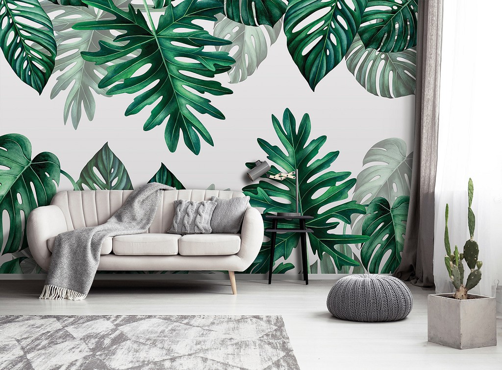 Флізелінові фотошпалери в коридор 416x254 см Квіти - Зелене тропічне листя (13782VEXXXL)+клей