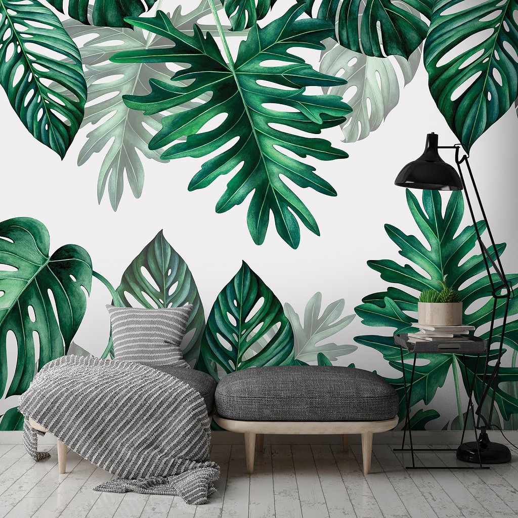 Флізелінові фотошпалери для кухні 368x254 см Квіти - Зелене тропічне листя (13782V8)+клей