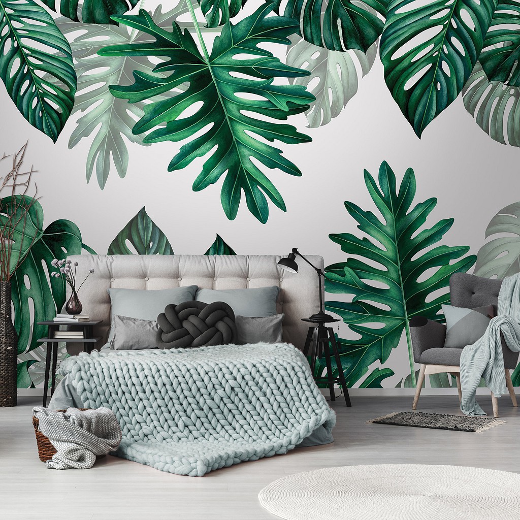 Флізелінові фотошпалери в інтер'єрі 312x219 см Квіти - Зелене тропічне листя (13782VEXXL)+клей