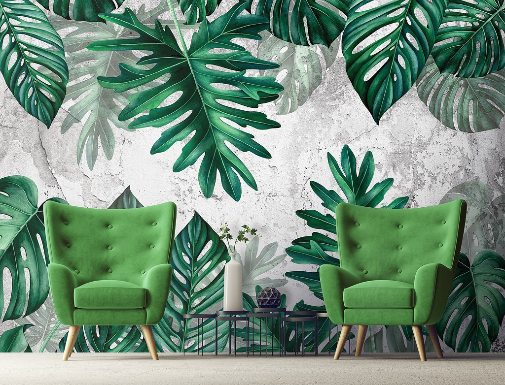 Флизелиновые фотообои для спальни 520 x 318 см Цветы - Зеленые тропические листья на бетоне (13783VEXXXXXL)+клей