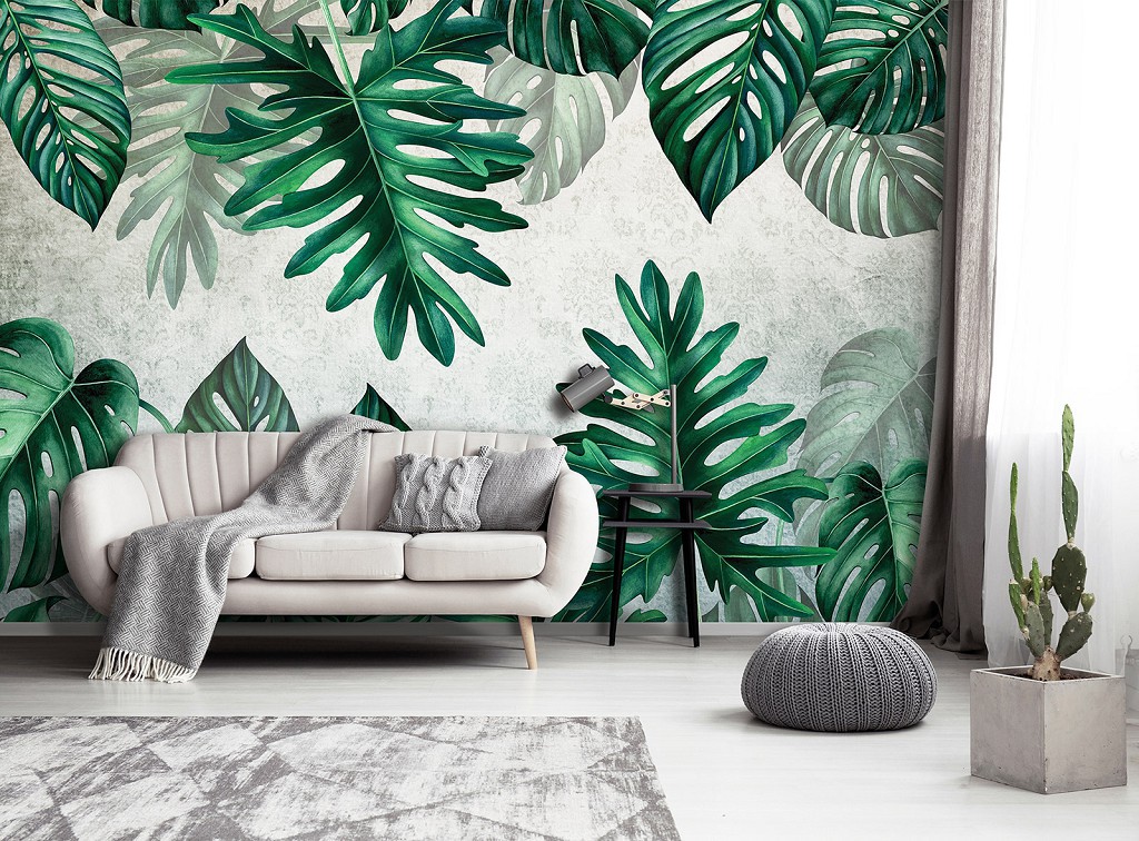 Популярні флізелінові фотошпалери 416x254 см Квіти - Зелене тропічне листя на стіні (13784VEXXXL)+клей