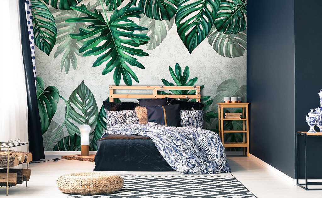 Флізелінові фотошпалери під бетон 416x290 см Квіти - Зелене тропічне листя на стіні (13784VEXXXXL)+клей