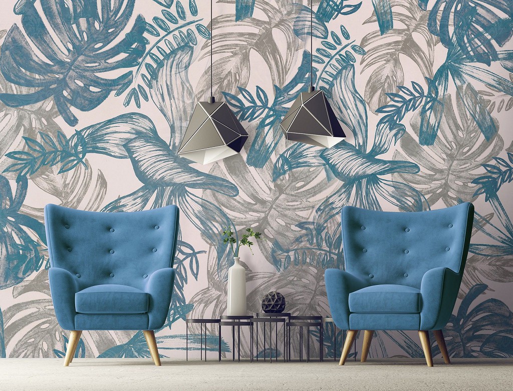 Красиві флізелінові фотошпалери 416x290 см Квіти - сіре та синє листя на стіні (13788VEXXXXL) +клей