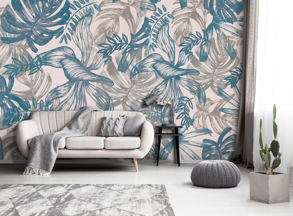 Флізелінові фотошпалери 368x254 см Квіти - сіре та синє листя на стіні (13788V8) +клей