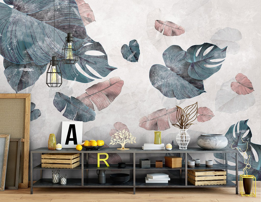 Флизелиновые фотообои с цветами 416x290 см Падающие тропические листья на светлом фоне (13797VEXXXXL) +клей