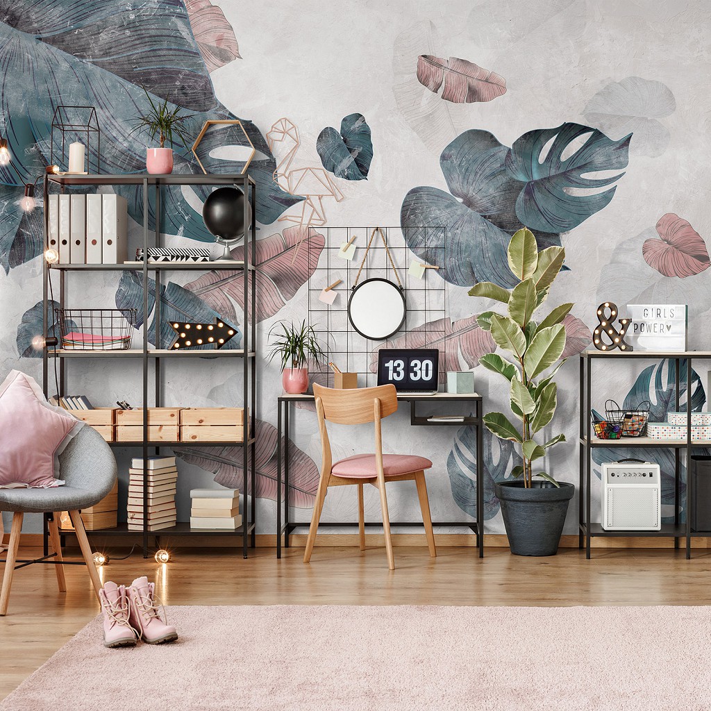 Флизелиновые фотообои с цветами на стену 368x254 см Падающие тропические листья на светлом фоне (13797V8) +клей