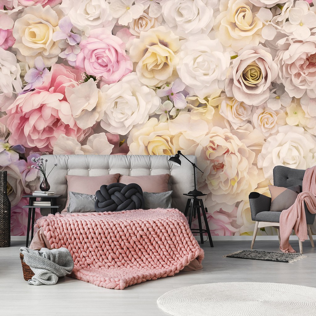 Флизелиновые фото обои розовые цветы 254х184 см Множество светлых роз (13798V4)+клей