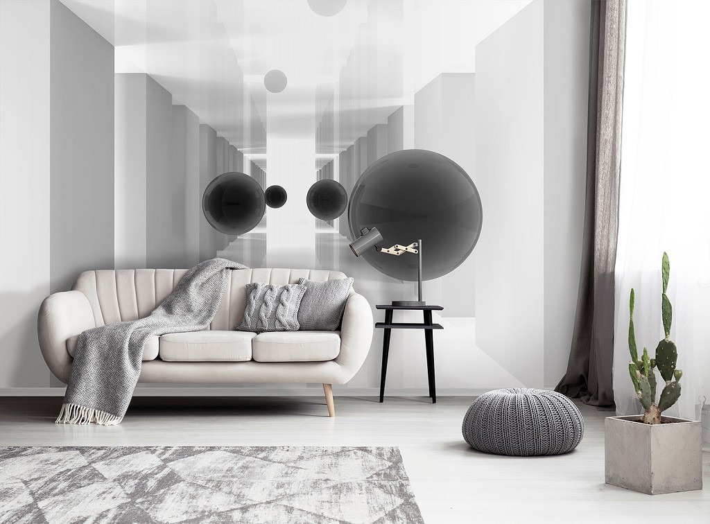 3D геометрия на флизелиновых фото обоях 312 x 219 см Абстракция - Тоннель и черные шары (13799VEXXL)+клей