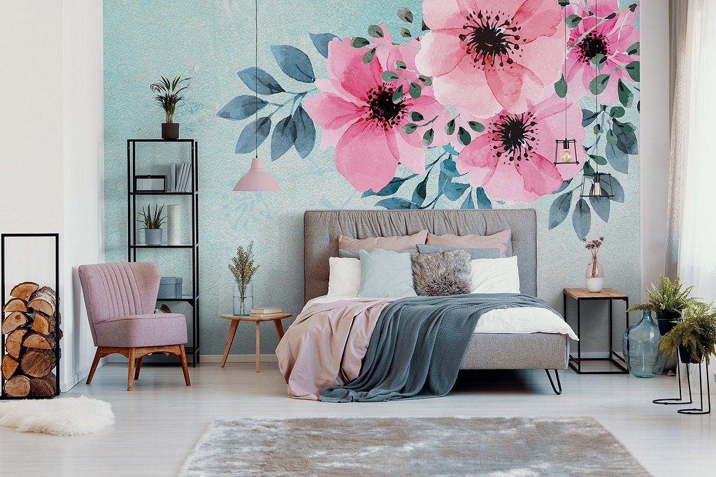 Флизелиновые фотообои листья 416 x 254 см Цветы - Розовые лепестки и зеленые листики (13801VEXXXL)+клей