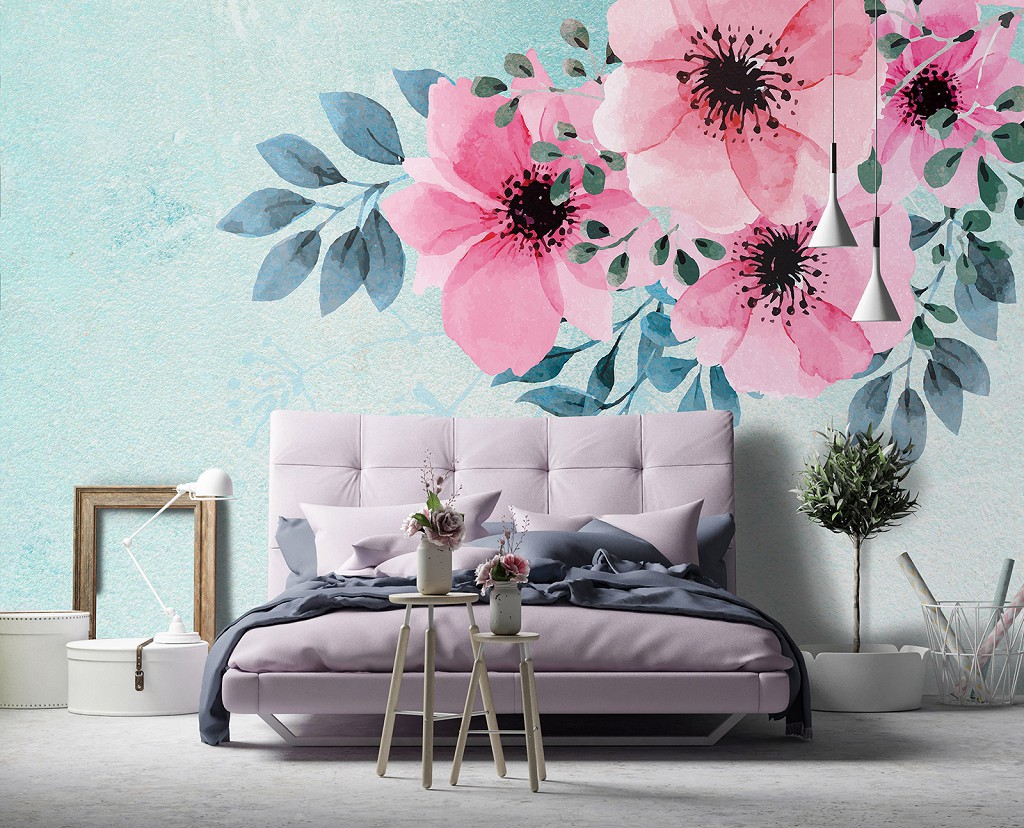 Флізелінові фото шпалери акварель в інтер'єрі 254 x 184 см Квіти - Рожеві пелюстки і зелені листочки (13801V4)+клей