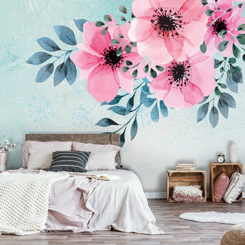 Красиві флізелінові фотошпалери на кухню 520x318 см Квіти - Рожеві пелюстки та зелені листочки (13801VEXXXXXL)+клей