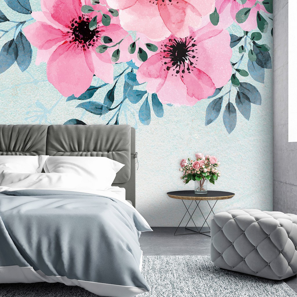 Флізелінові фотошпалери акварель в інтер'єрі 368x280 см Квіти - Рожеві пелюстки та зелені листочки (13801V10)+клей