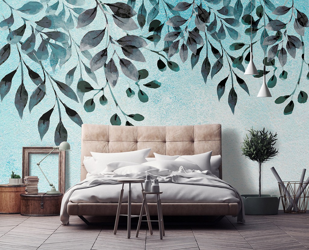 Флізелінові фотошпалери 460x300 см Намальовані листя на світло зеленій стіні (13802V12) +клей