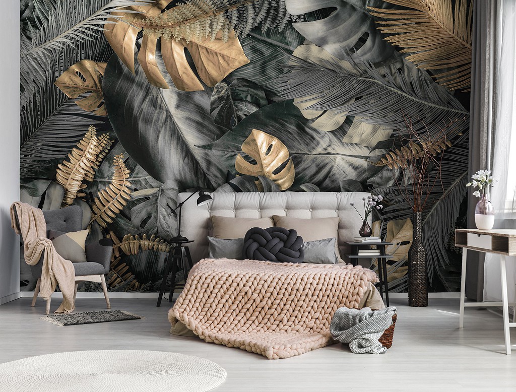 Флизелиновые фотообои с папоротником 3D 312 x 219 см Цветы - Серые и золотые листья монстеры (13804VEXXL)+клей