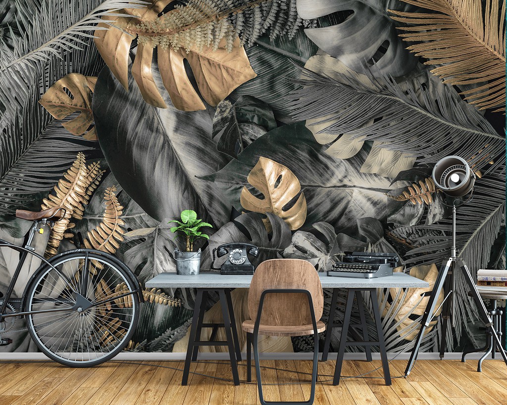 Флизелиновые фотообои 3D 416 x 254 см Цветы - Серые и золотые листья монстеры (13804VEXXXL)+клей