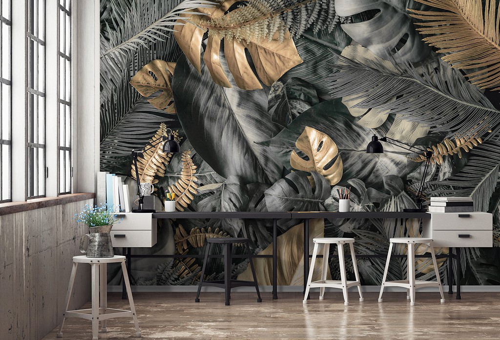 Флізелінові 3D фотошпалери вінтаж 416x290 см Квіти - Сірі та золоті листя монстери (13804VEXXXXL)+клей