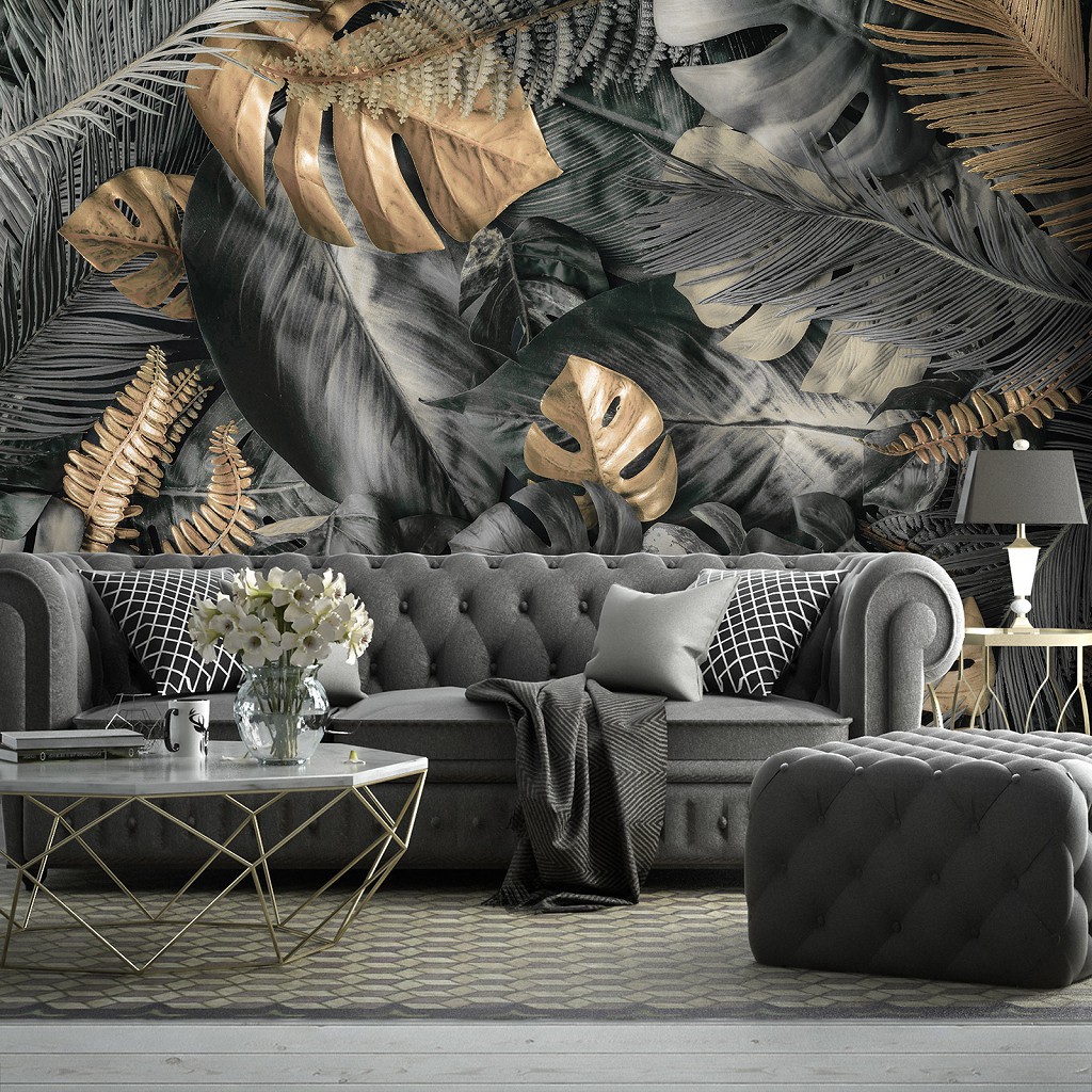 Флизелиновые фотообои на кухню 3D 368 x 280 см Цветы - Серые и золотые листья монстеры (13804V10)+клей