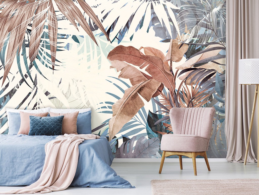 Красиві флізелінові фотошпалери на кухню 416x254 см Тропічний лист на світлому фоні (13805VEXXXL) +клей