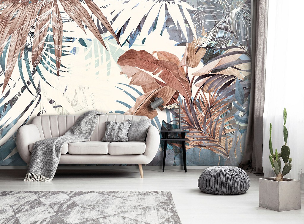 Популярні флізелінові фотошпалери 416x290 см Тропічний лист на світлому фоні (13805VEXXXXL) +клей