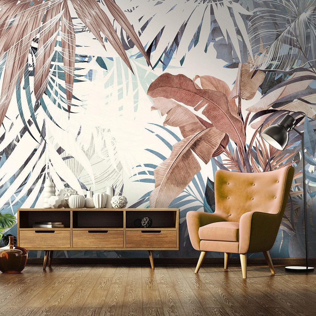 Флізелінові фотошпалери ретро 460x300 см Тропічний лист на світлому фоні (13805V12) +клей