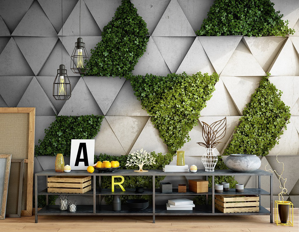 3d флизелиновые фотообои 368 x 254 см Бетонные треугольники и зеленая трава (13806V8)+клей