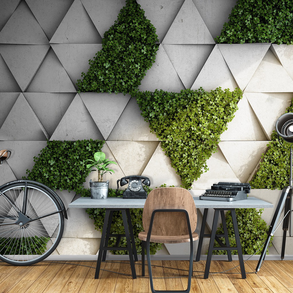 Флизелиновые фотообои 416 x 254 см 3D Бетонные треугольники и зеленая трава (13806VEXXXL)+клей