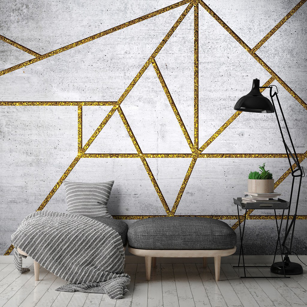 Флизелиновые фотообои треугольники на стену Золотые линии на сером бетоне (13809V)+клей