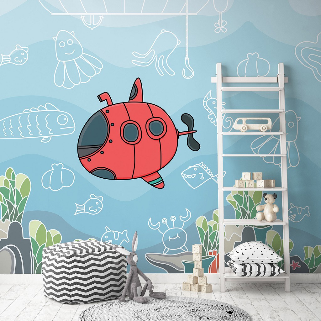 Флизелиновые фотообои для девочки 368 x 280 см Детские - Подводный мир и субмарина (13811V10)+клей