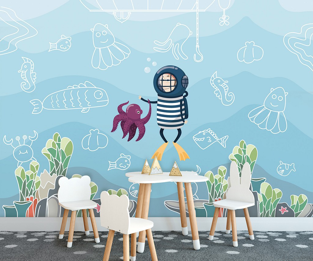 Флізелінові фотошпалери морські Дитячі - Водолаз та восьминіг (13812V)+клей