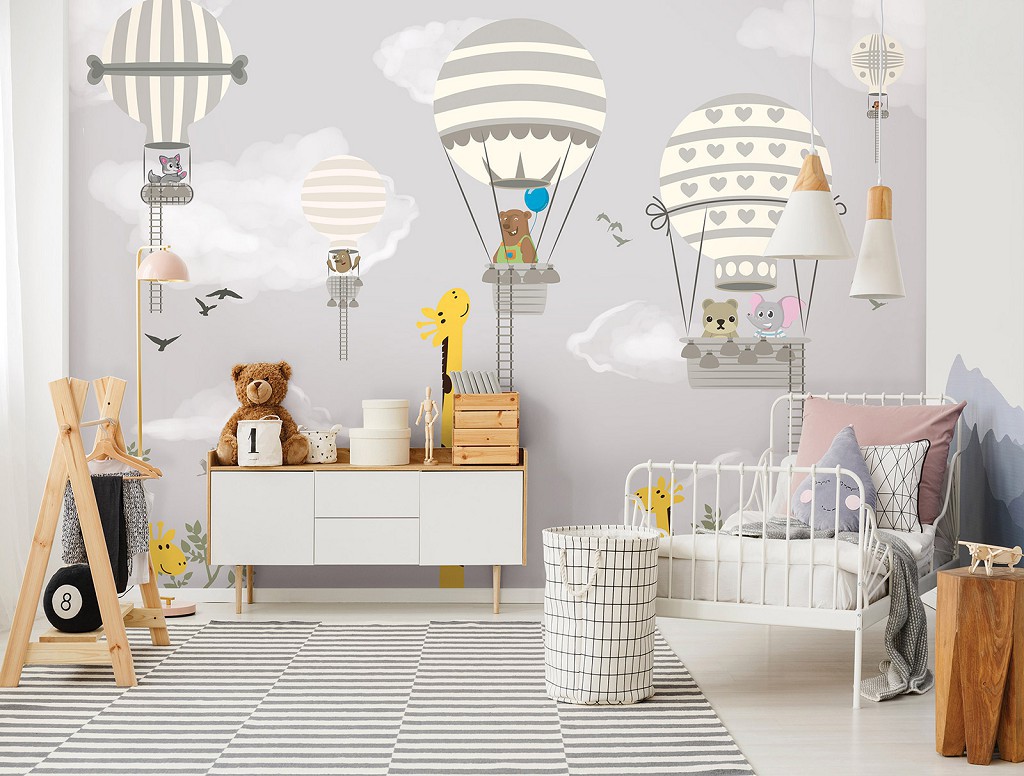 Флізелінові фотошпалери в дитячу 368x280 см Тварини на повітряній кулі (13813V10)+клей