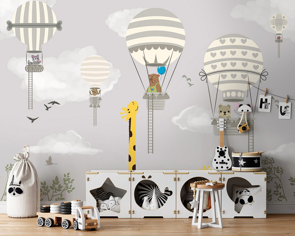Флизелиновые детские фотообои для стен 254 x 184 см Животные на воздушном шаре (13813V4)+клей