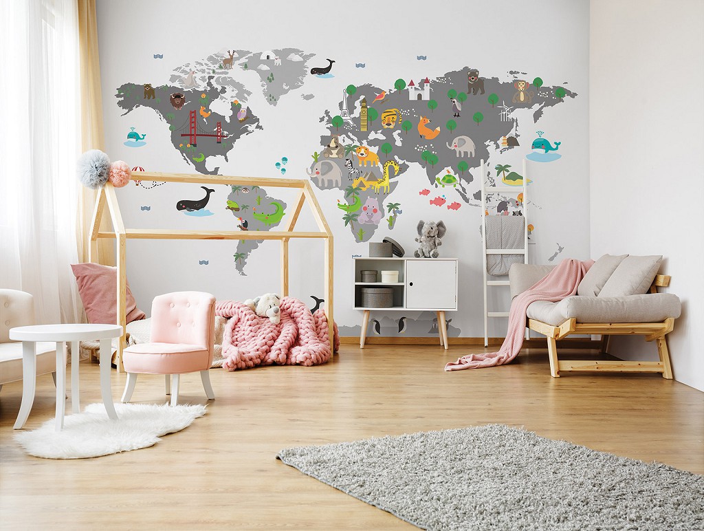 Флизелиновые фотообои для мальчика 368 x 254 см Детские - Карта мира с животными (13814V8)+клей
