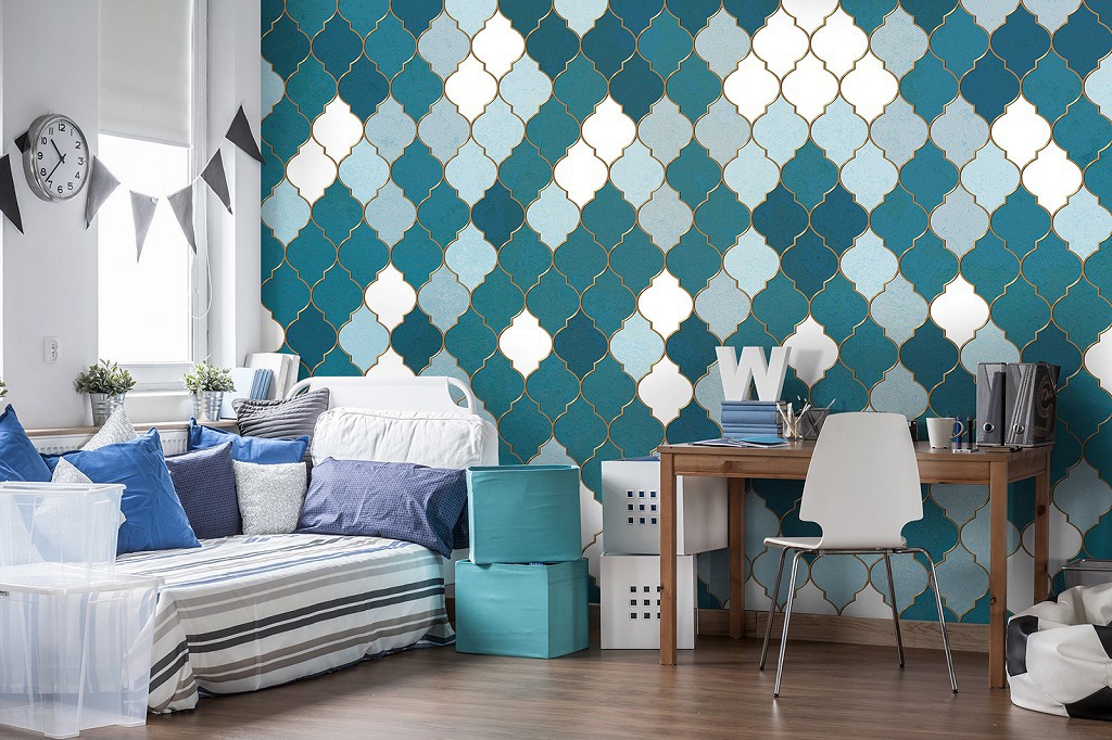 Флізелінові фотошпалери на кухню 312x219 см Синій візерунок - марокканська конюшина (13816VEXXL)+клей