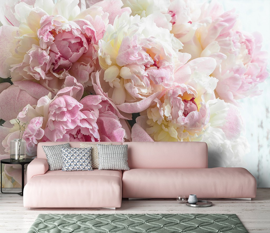 Флизелиновые 3D фотообои пионы в интерьере 312 x 219 см Светло розовые цветы (13817VEXXL)+клей